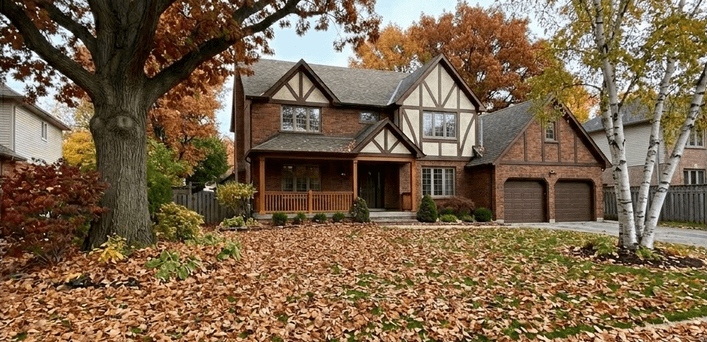 Lawn covered in fallen leaves before leaf removal