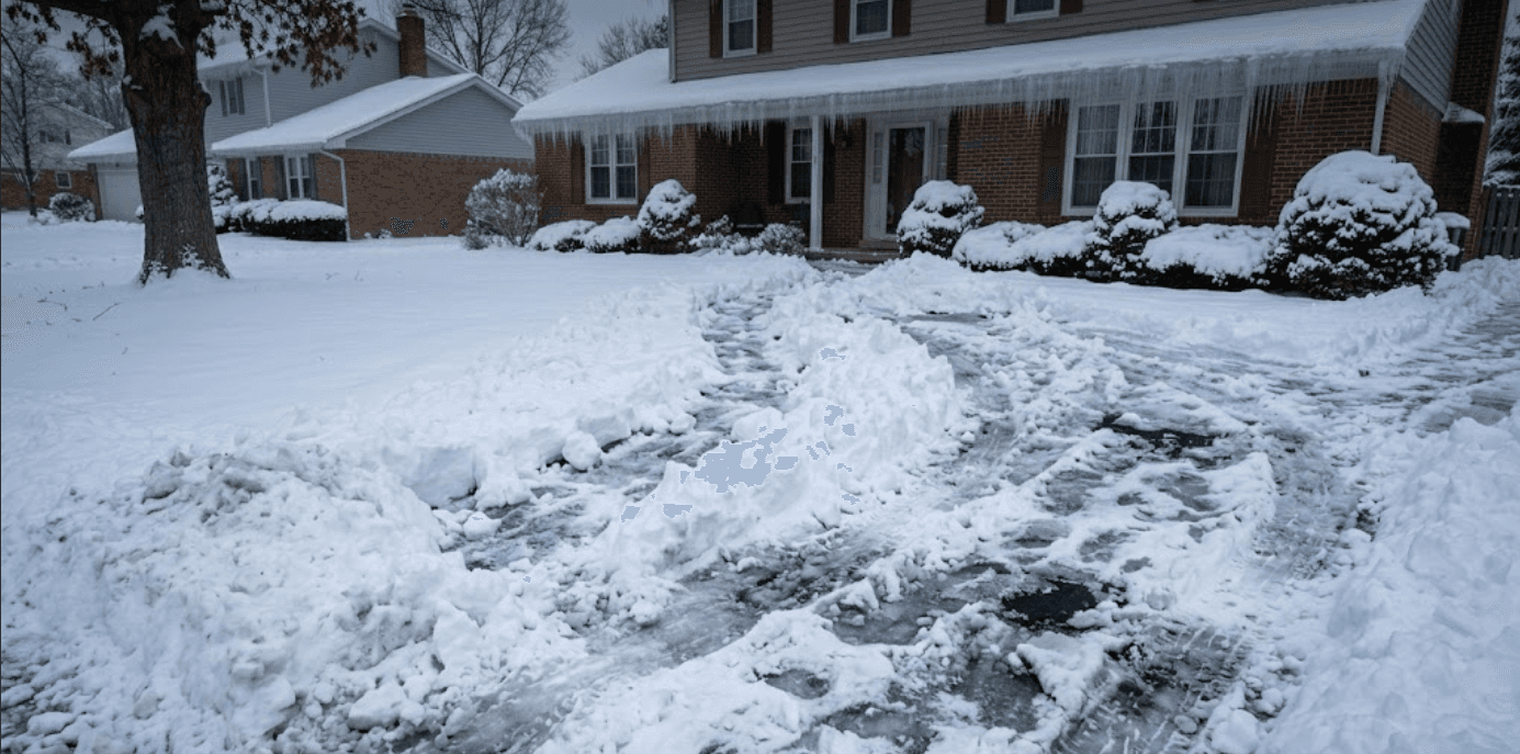 Snow-covered driveway before plowing and salting