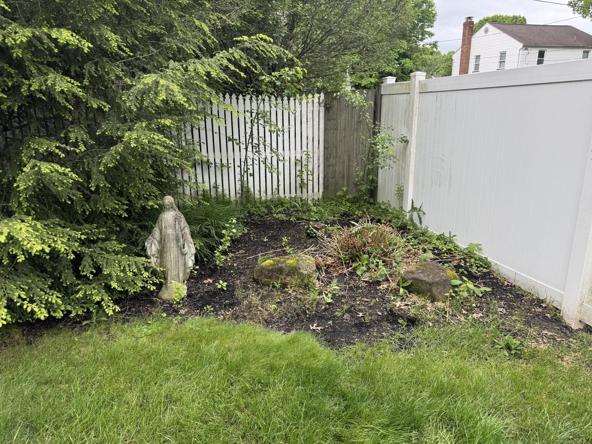 Weedy landscape bed before Porter Property Brothers cleanup