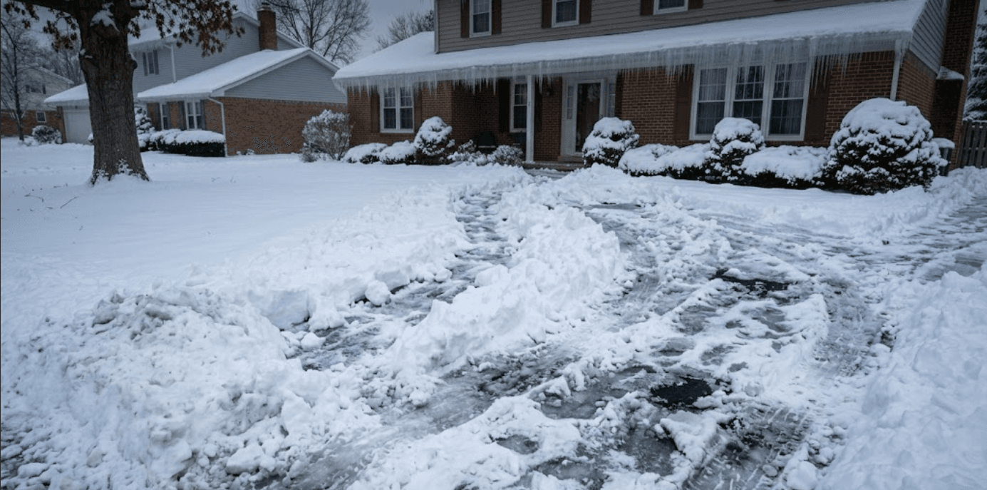 Snow-covered driveway before plowing and salting