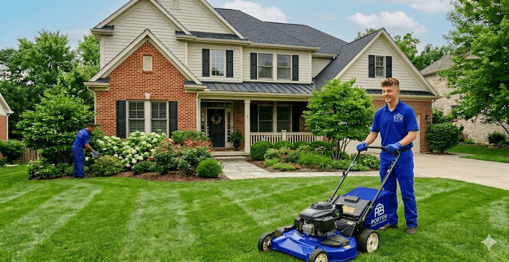 Trent and Trevor Porter mowing and maintaining landscaping at a Mahoning Valley home